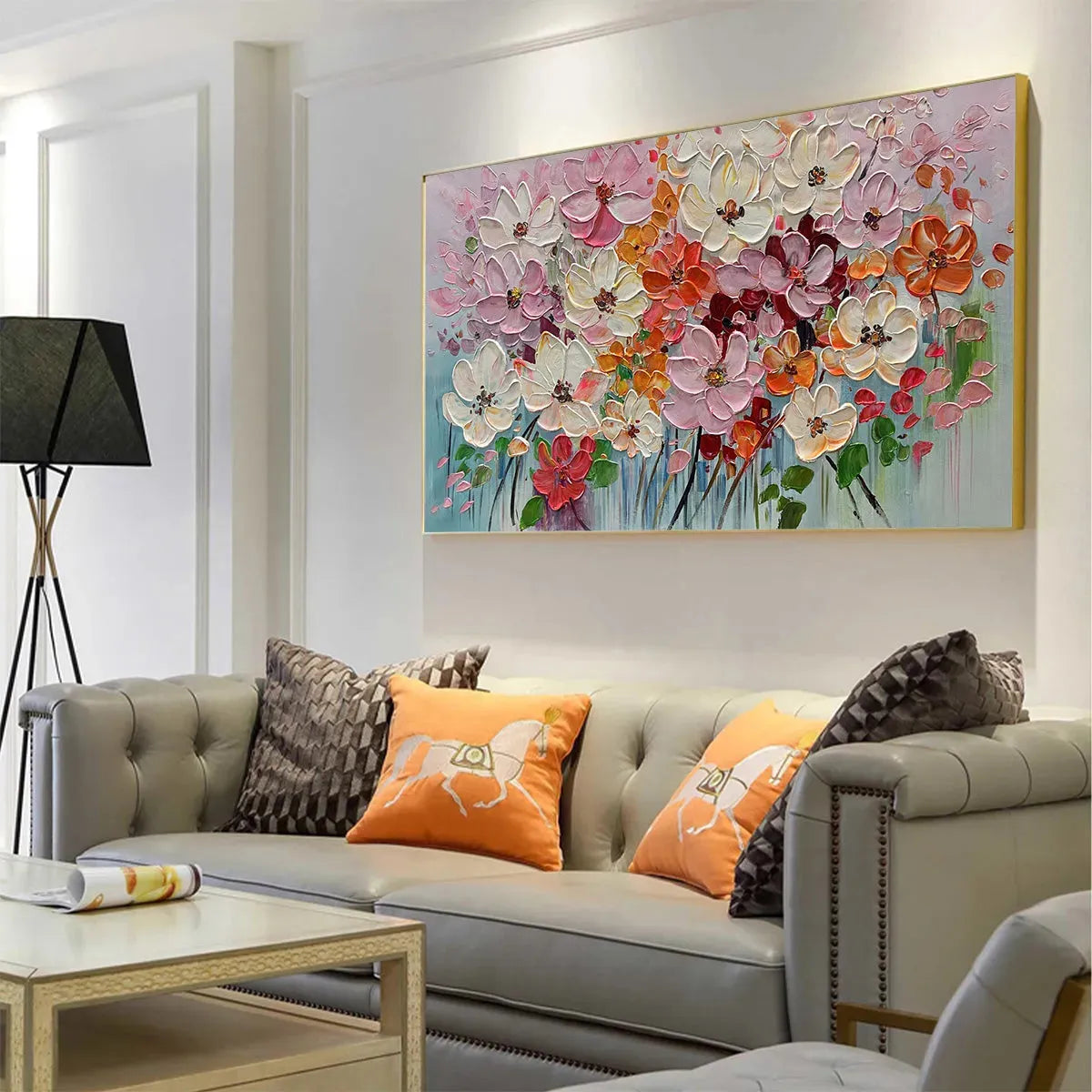 BOUQUET OF JOY: Panoramic Impasto Painting of Colorful Flowers, Textured Floral Wall Art - Image 7