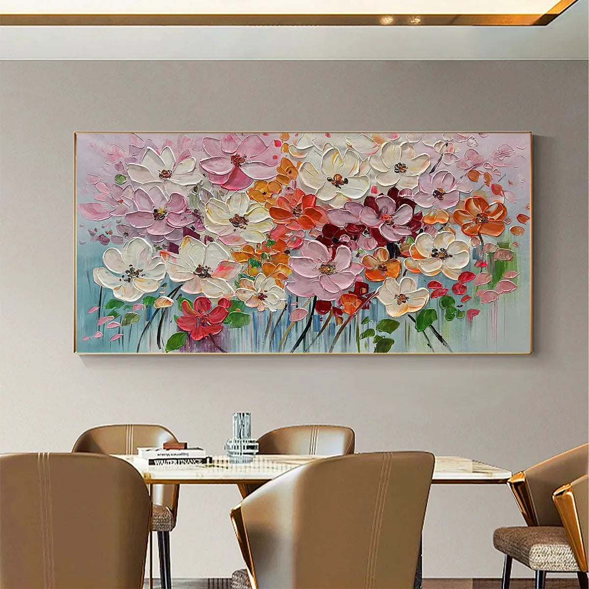 BOUQUET OF JOY: Panoramic Impasto Painting of Colorful Flowers, Textured Floral Wall Art - Image 8