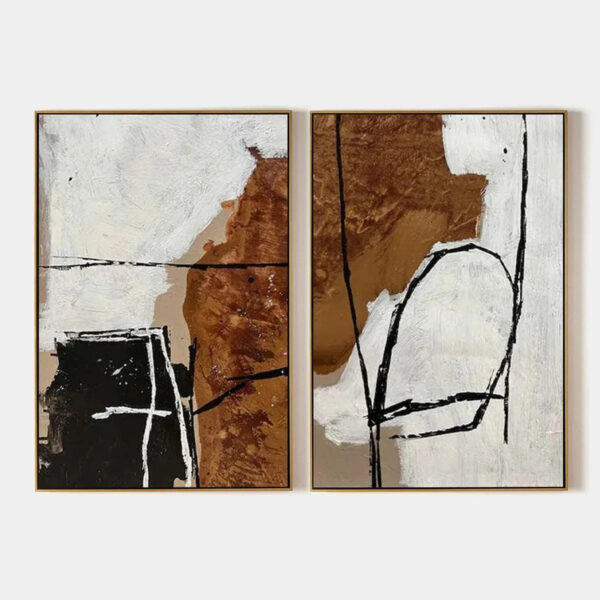 BROWN & WHITE ABSTRACT DIPTYCH: Abstract Painting Set of 2, Vertical Wall Art