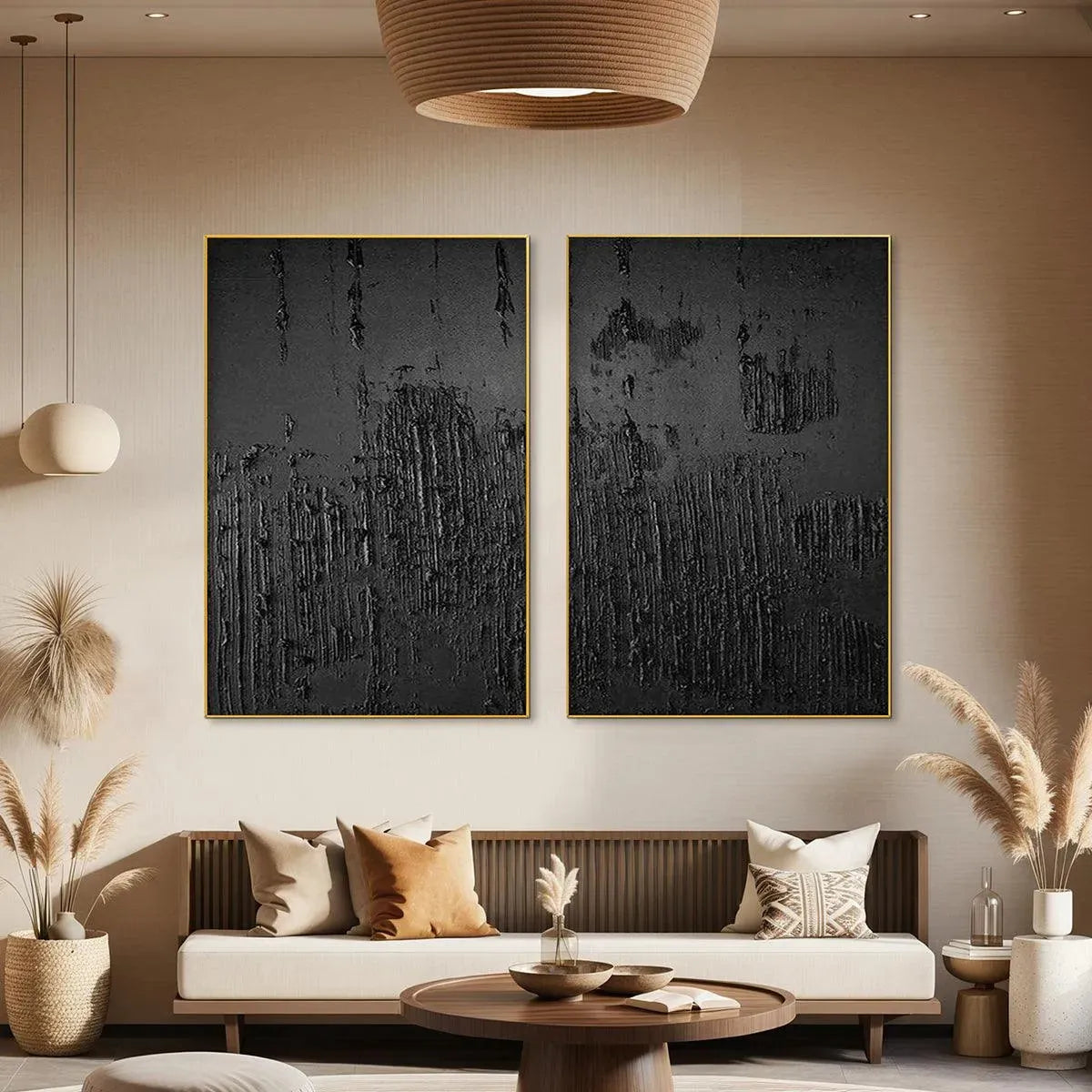 BLACK TEXTURED DIPTYCH: Textured Abstract Painting Set of 2, Vertical Wall Art - Image 2