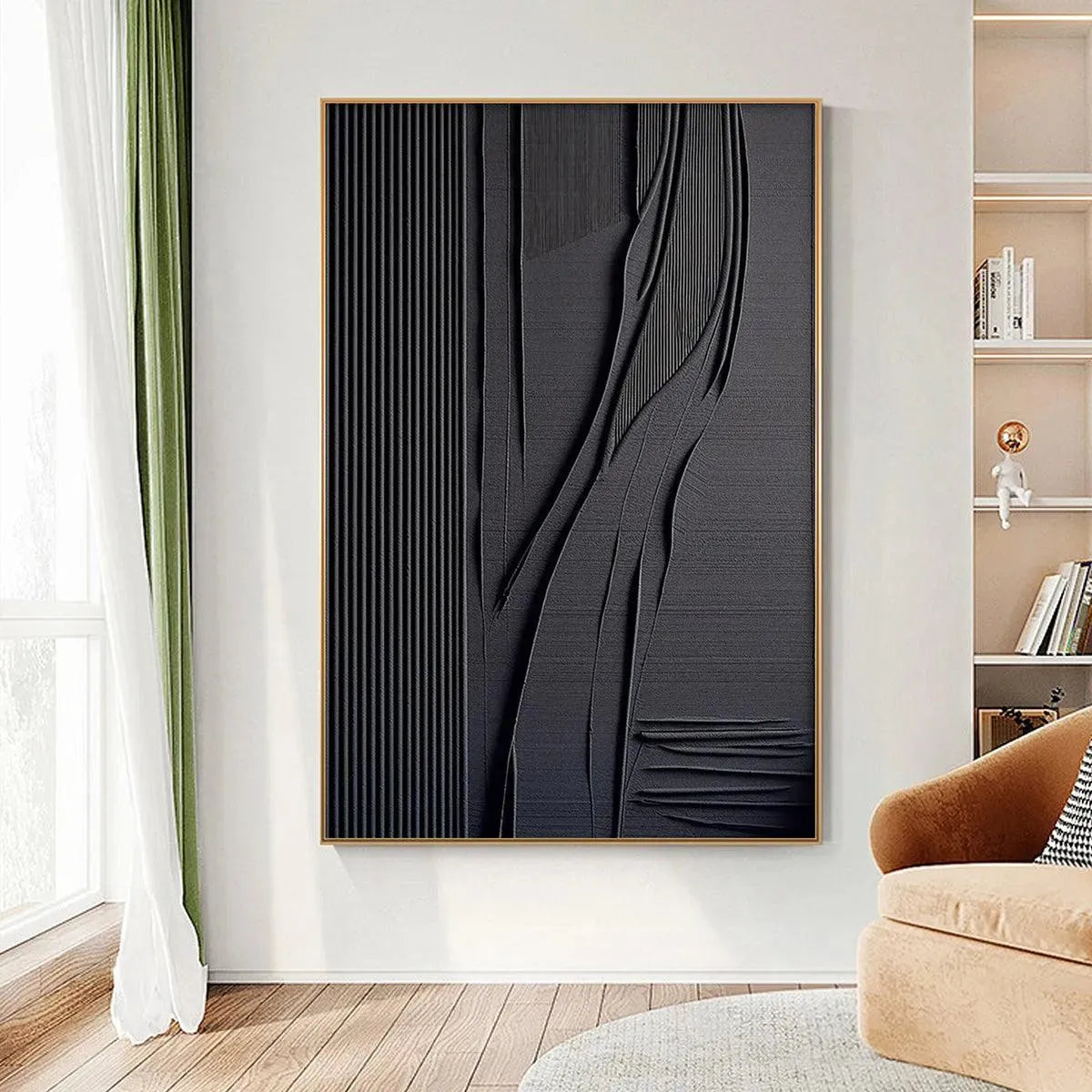 BLACK TEXTURED LINES AND CURVES: Minimalist Textured Abstract Painting - Image 8
