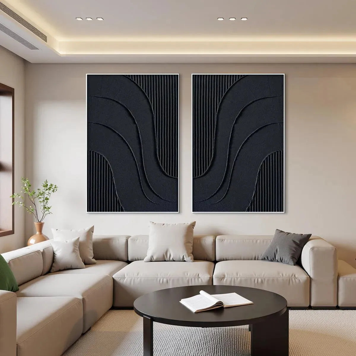 BLACK TEXTURED WAVES DIPTYCH: Textured Abstract Painting Set of 2, Vertical Wall Art - Image 2