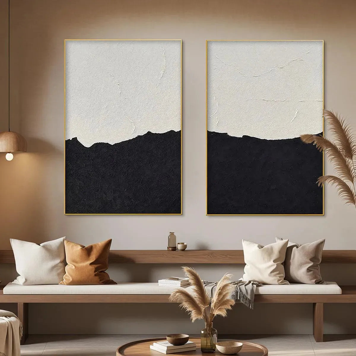 BLACK & WHITE ABSTRACT LANDSCAPE DIPTYCH: Textured Abstract Painting Set of 2, Vertical Wall Art - Image 2