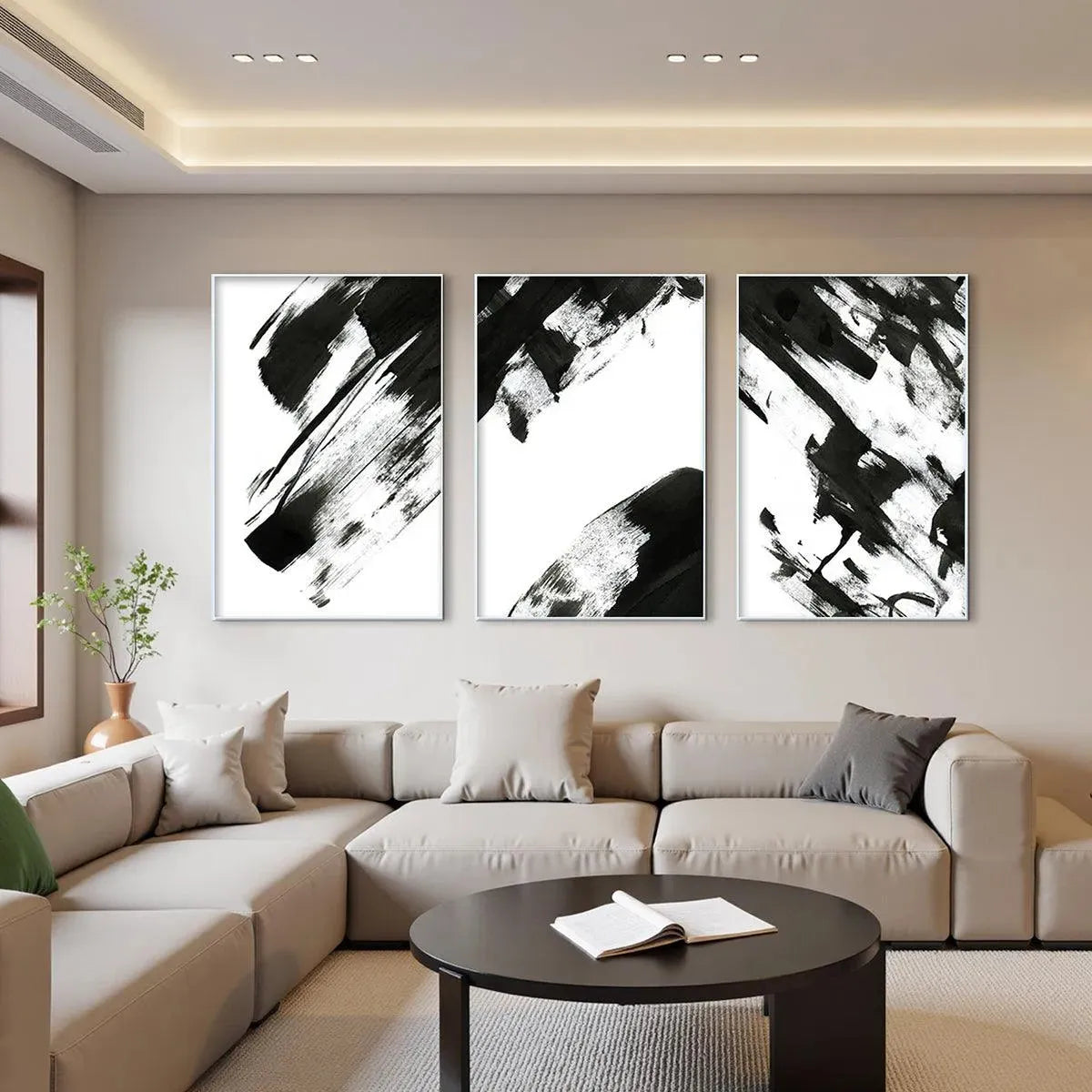 BLACK & WHITE ABSTRACT TRIPTYCH: Abstract Painting Set of 3, Vertical Wall Art - Image 2
