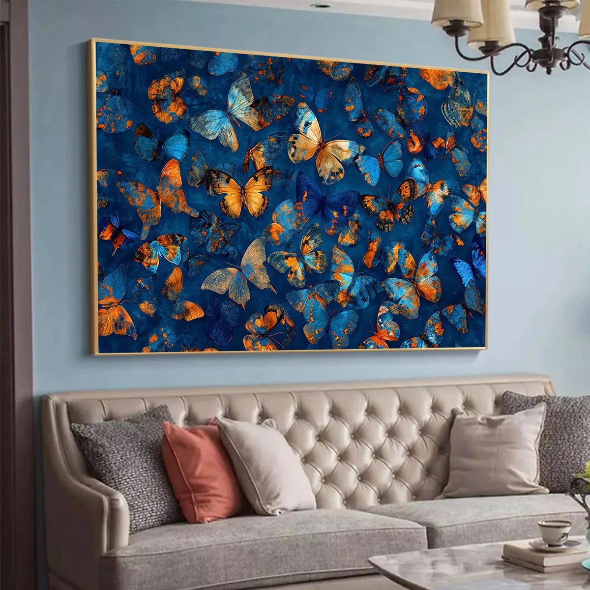 BLUE MORPHO WALTZ: Blue & Gold Butterfly Oil Painting on Canvas - Image 4