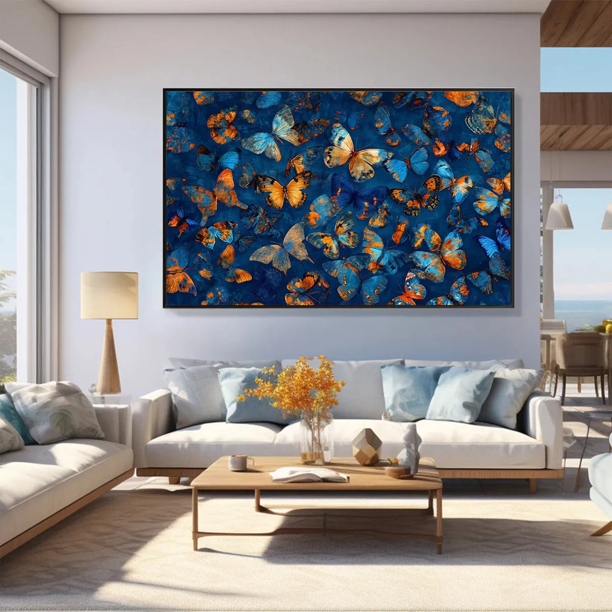 BLUE MORPHO WALTZ: Blue & Gold Butterfly Oil Painting on Canvas - Image 2