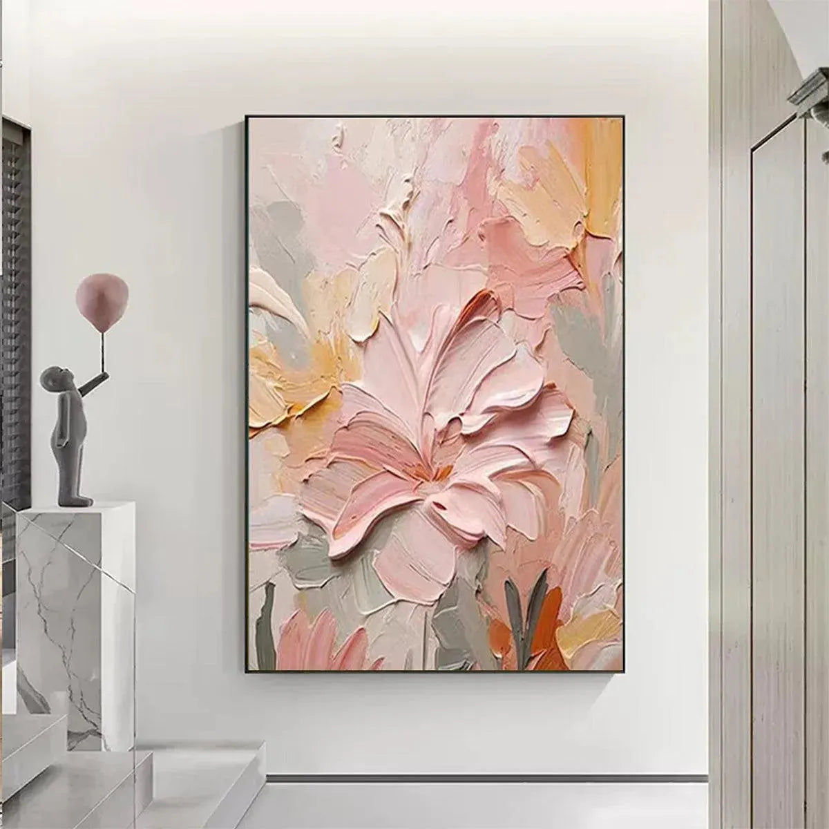 BLUSHING BLOOMS: Textured Floral Painting, Pink and Peach Wall Art, Vertical Canvas, Impasto Decor - Image 8