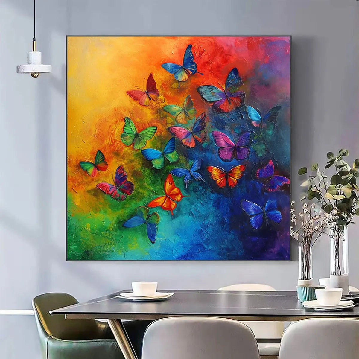 BUTTERFLY RAINBOW: Square Colorful Butterfly Oil Painting on Canvas - Image 2