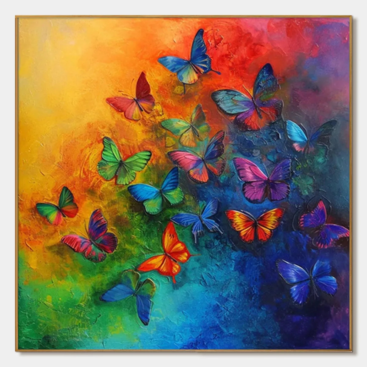 BUTTERFLY RAINBOW: Square Colorful Butterfly Oil Painting on Canvas