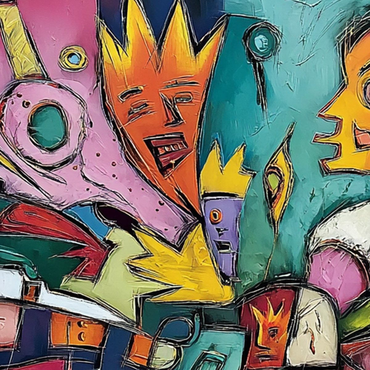 CARNIVAL OF KINGS: Vibrant Square Abstract Figurative Painting - Image 3