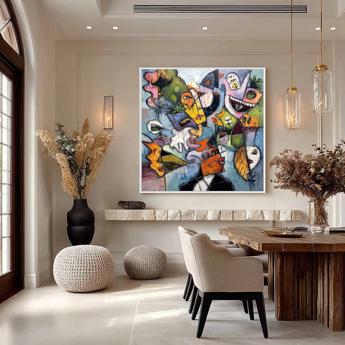 CARNIVAL OF SOULS: Large Colorful Abstract Faces Oil Painting - Image 4