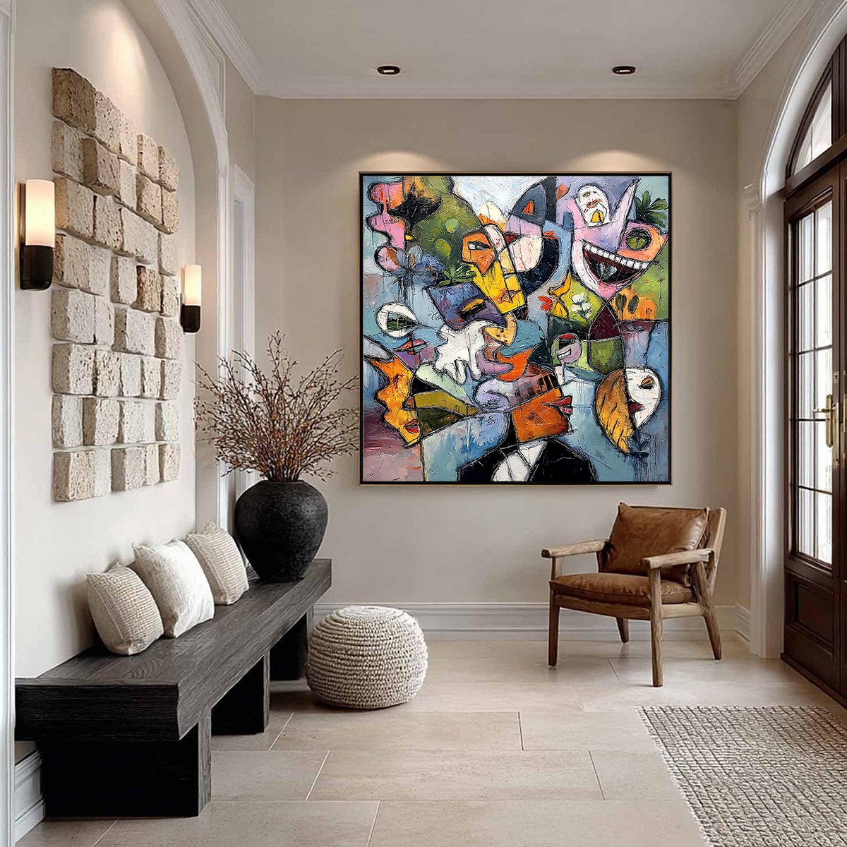 CARNIVAL OF SOULS: Large Colorful Abstract Faces Oil Painting - Image 6