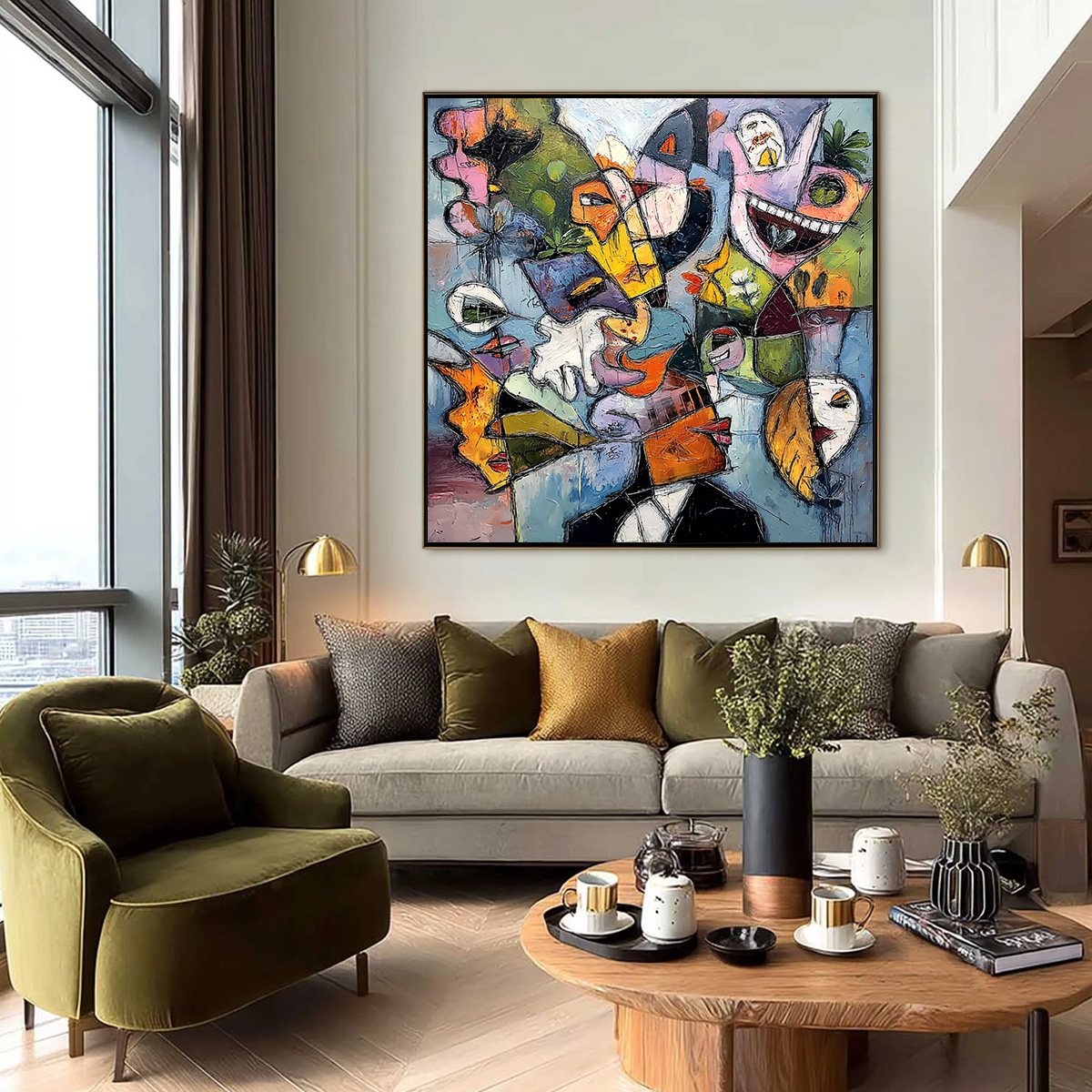 CARNIVAL OF SOULS: Large Colorful Abstract Faces Oil Painting - Image 2