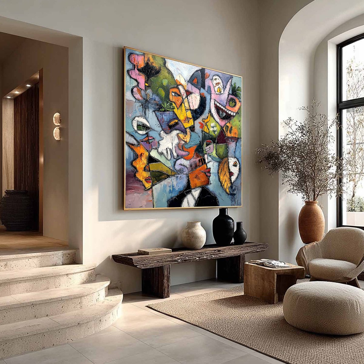 CARNIVAL OF SOULS: Large Colorful Abstract Faces Oil Painting - Image 8