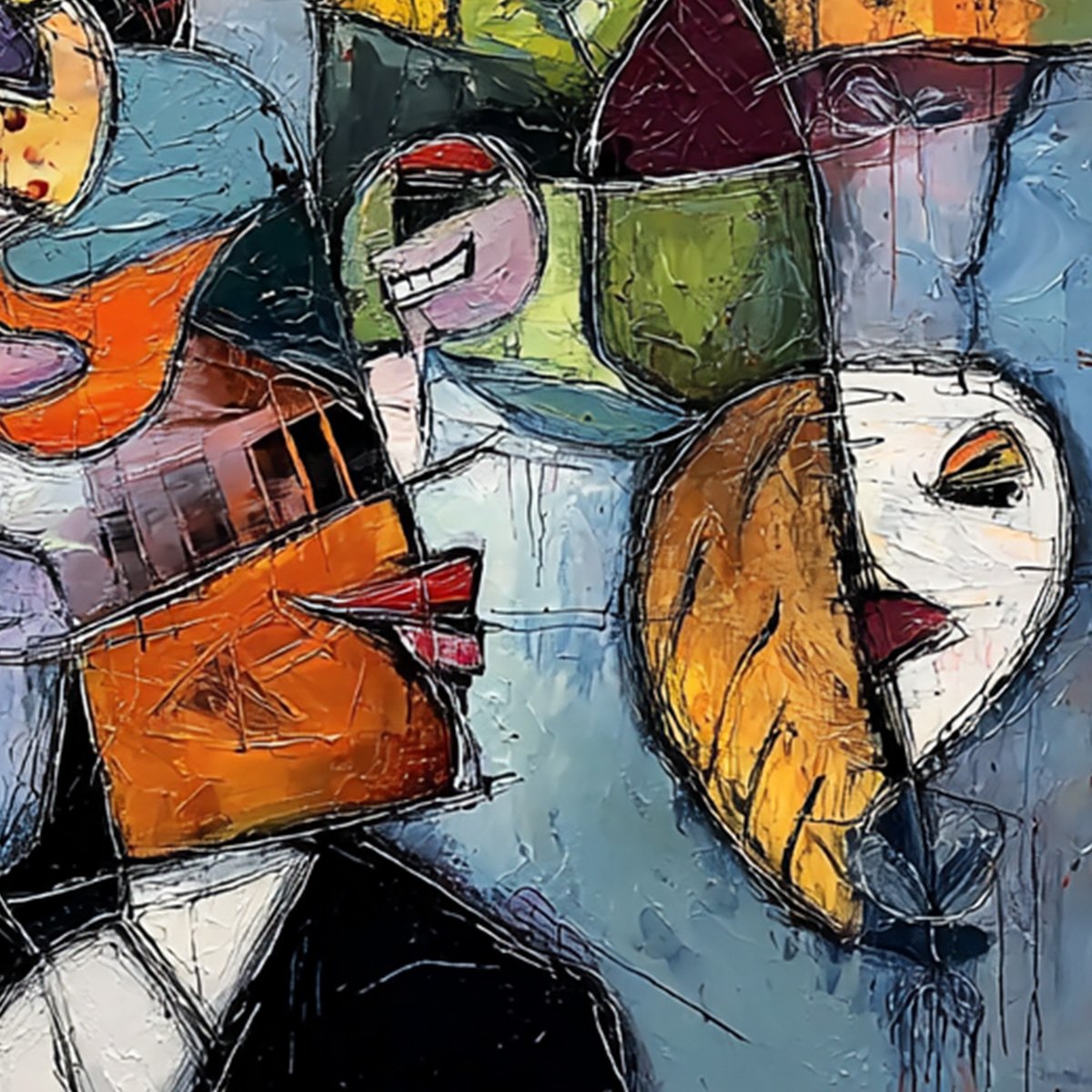 CARNIVAL OF SOULS: Large Colorful Abstract Faces Oil Painting - Image 3