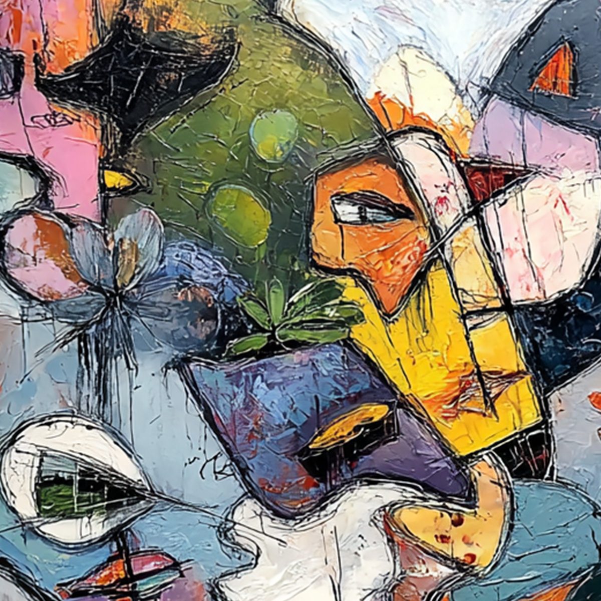 CARNIVAL OF SOULS: Large Colorful Abstract Faces Oil Painting - Image 5