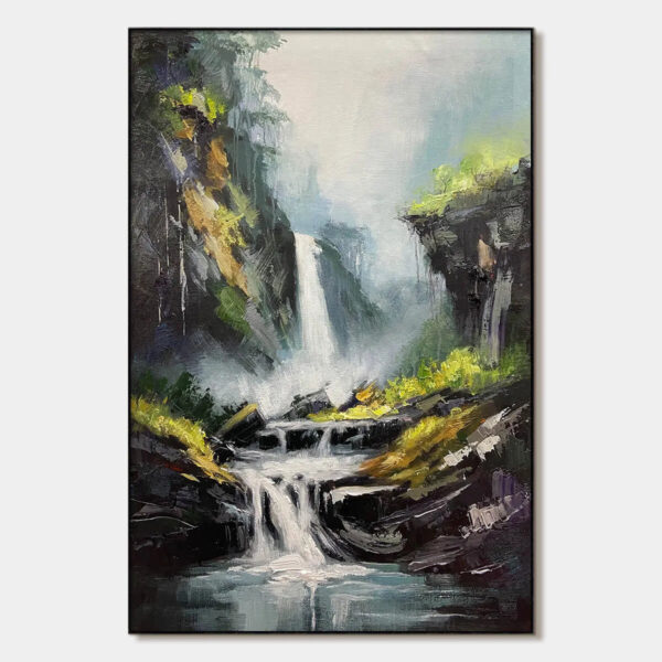 CASCADING MIST: Waterfall Landscape Nature Oil Painting
