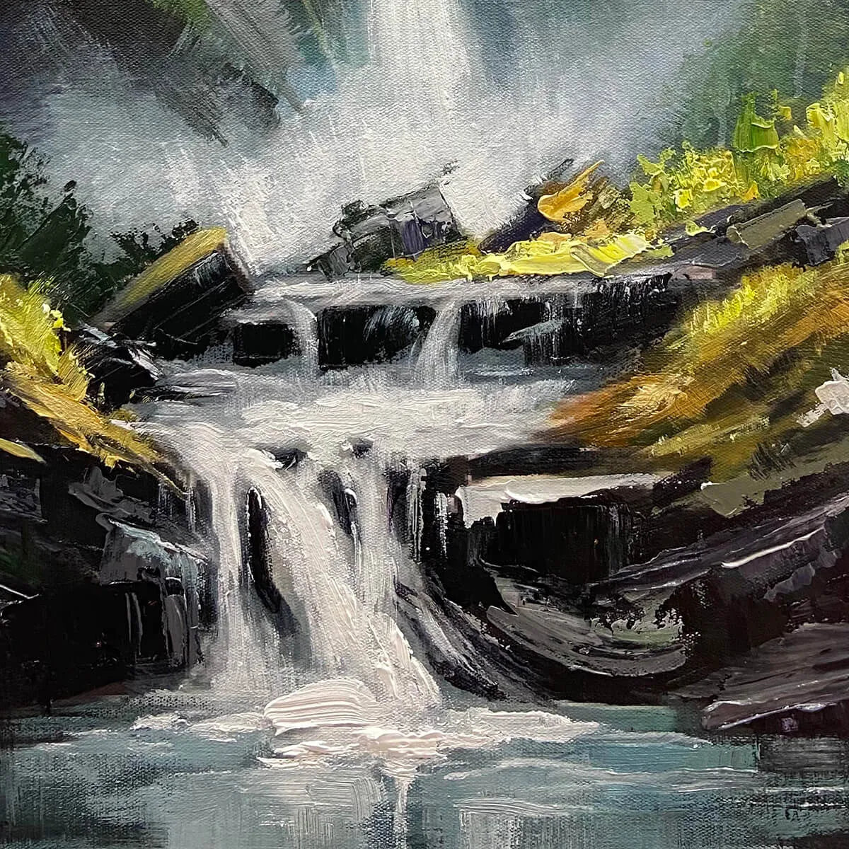 CASCADING MIST: Waterfall Landscape Nature Oil Painting - Image 3