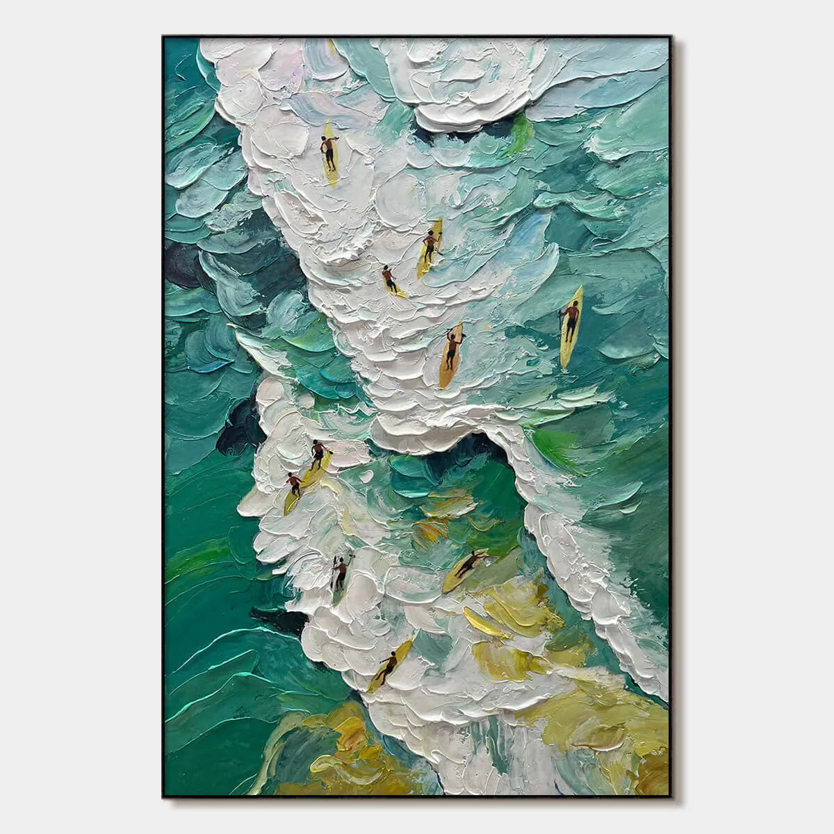 CATCHING THE WAVE: Textured Surfers Ocean Scene Oil Painting