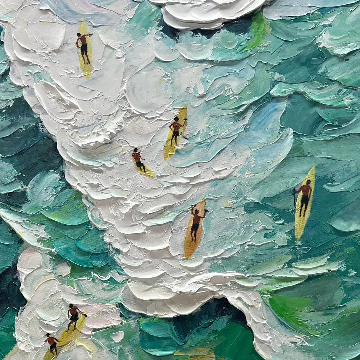 CATCHING THE WAVE: Textured Surfers Ocean Scene Oil Painting - Image 3
