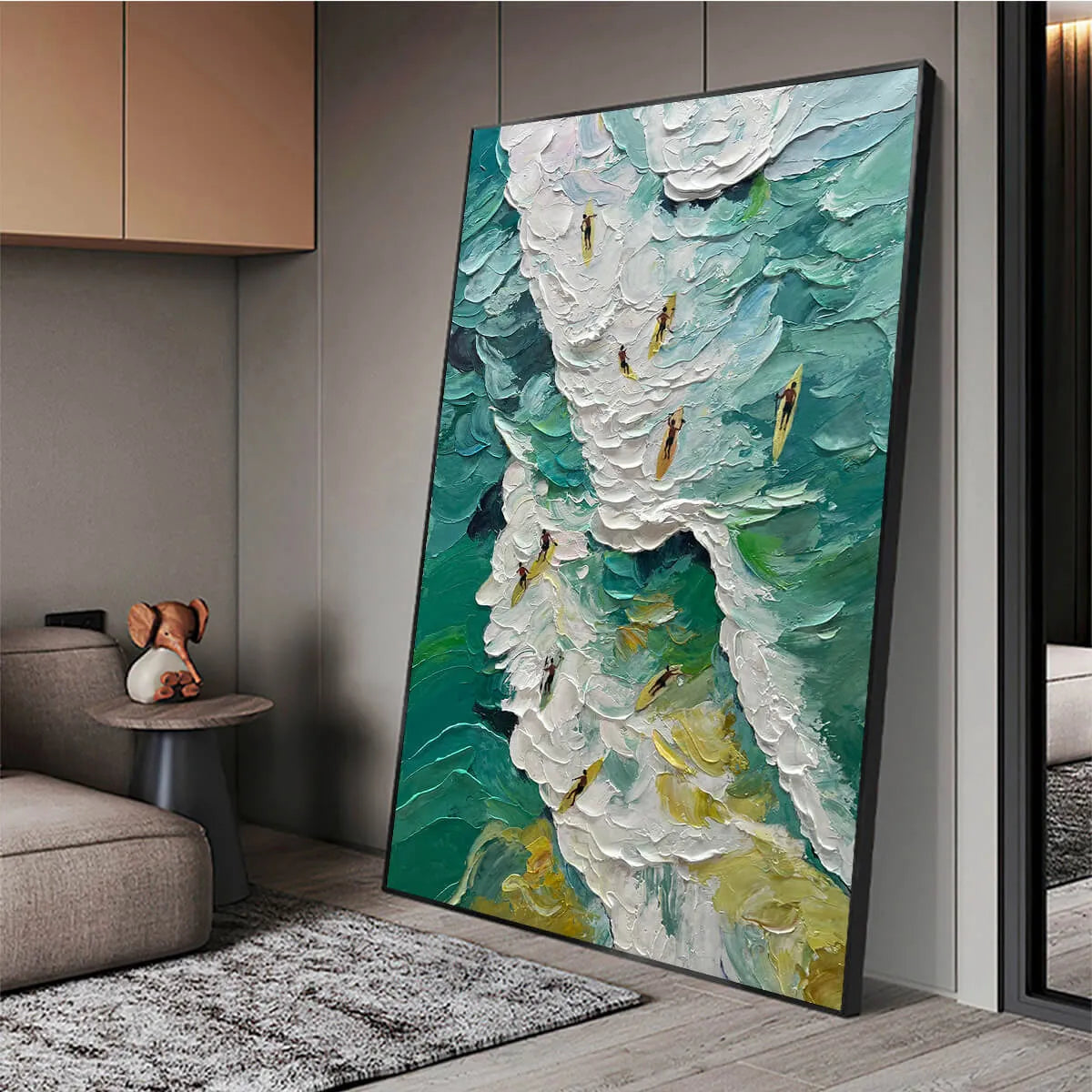 CATCHING THE WAVE: Textured Surfers Ocean Scene Oil Painting - Image 4