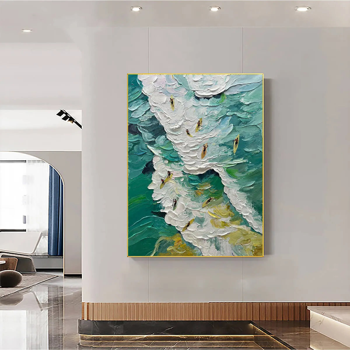 CATCHING THE WAVE: Textured Surfers Ocean Scene Oil Painting - Image 6