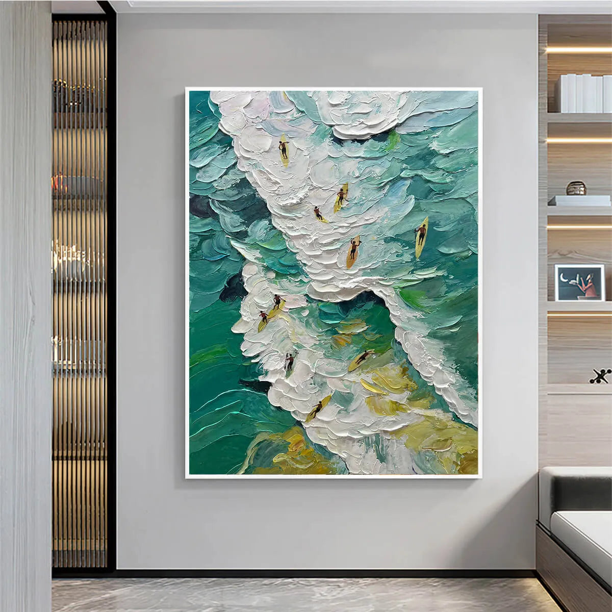 CATCHING THE WAVE: Textured Surfers Ocean Scene Oil Painting - Image 2
