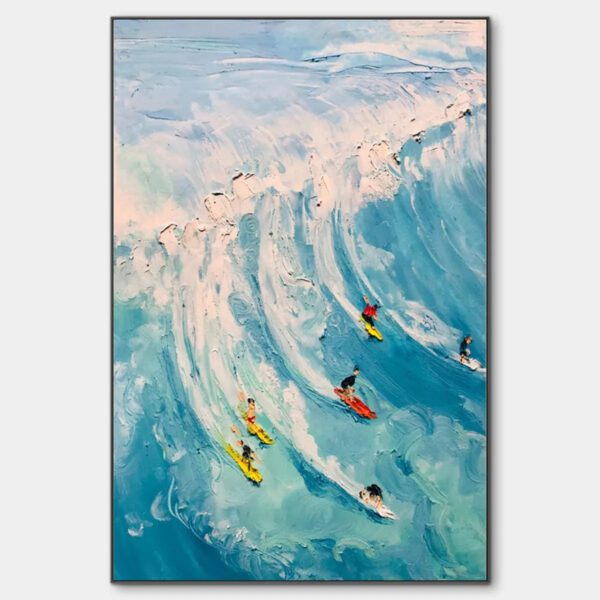 CATCHING THE WAVE: Vertical Ocean Painting of Surfers Riding a Wave