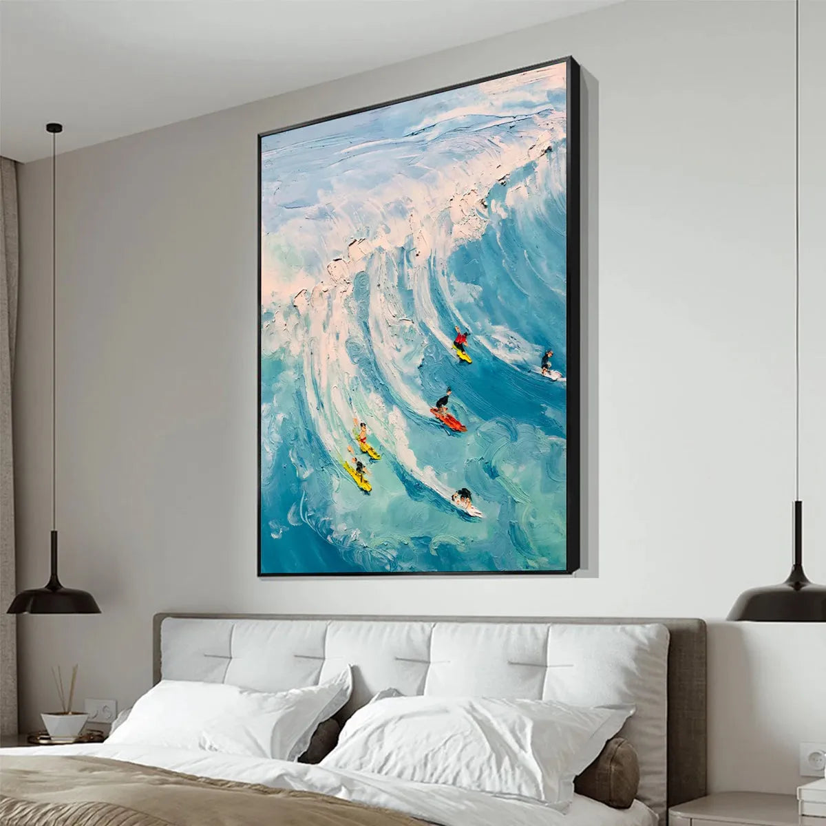 CATCHING THE WAVE: Vertical Ocean Painting of Surfers Riding a Wave - Image 2