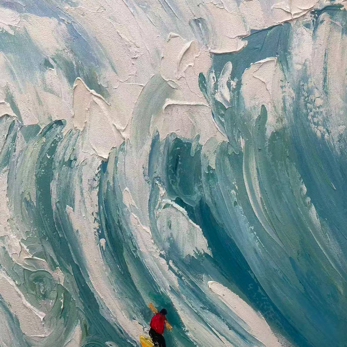 CATCHING THE WAVE: Vertical Ocean Painting of Surfers Riding a Wave - Image 3