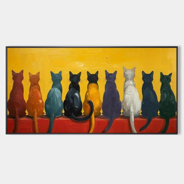 CATS IN A ROW: Whimsical Cat Painting, Textured Wall Art, Panoramic Canvas, Pet Decor