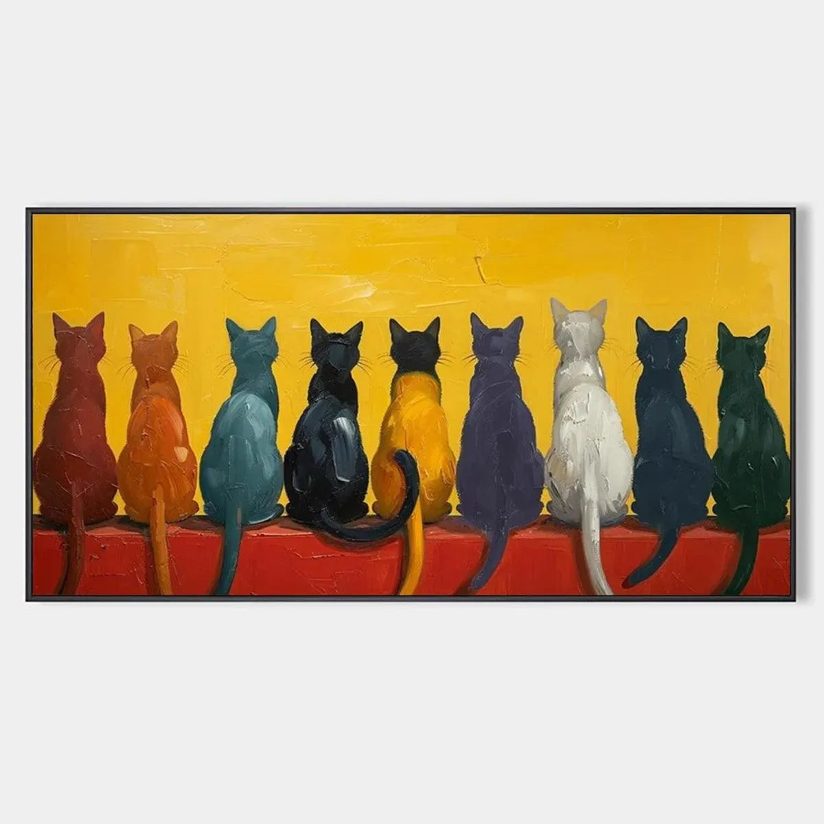 CATS IN A ROW: Whimsical Cat Painting, Textured Wall Art, Panoramic Canvas, Pet Decor