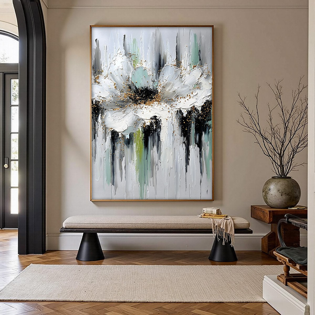 CELESTIAL BLOOM: Heavily Textured Abstract Floral Painting with Golden Accents - Image 4