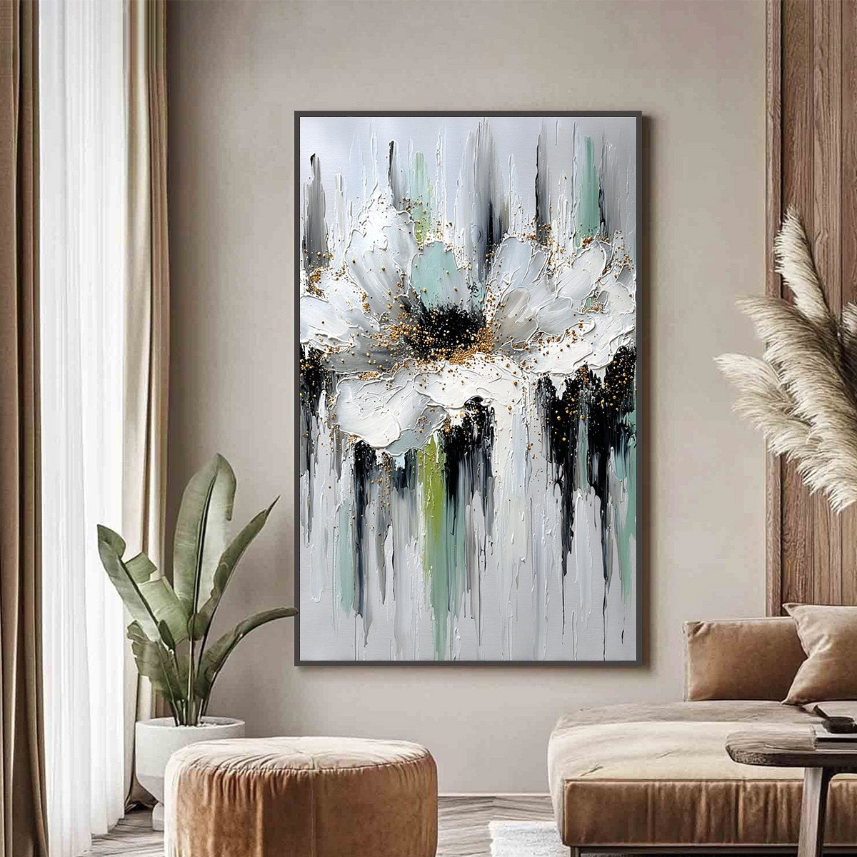 CELESTIAL BLOOM: Heavily Textured Abstract Floral Painting with Golden Accents - Image 2