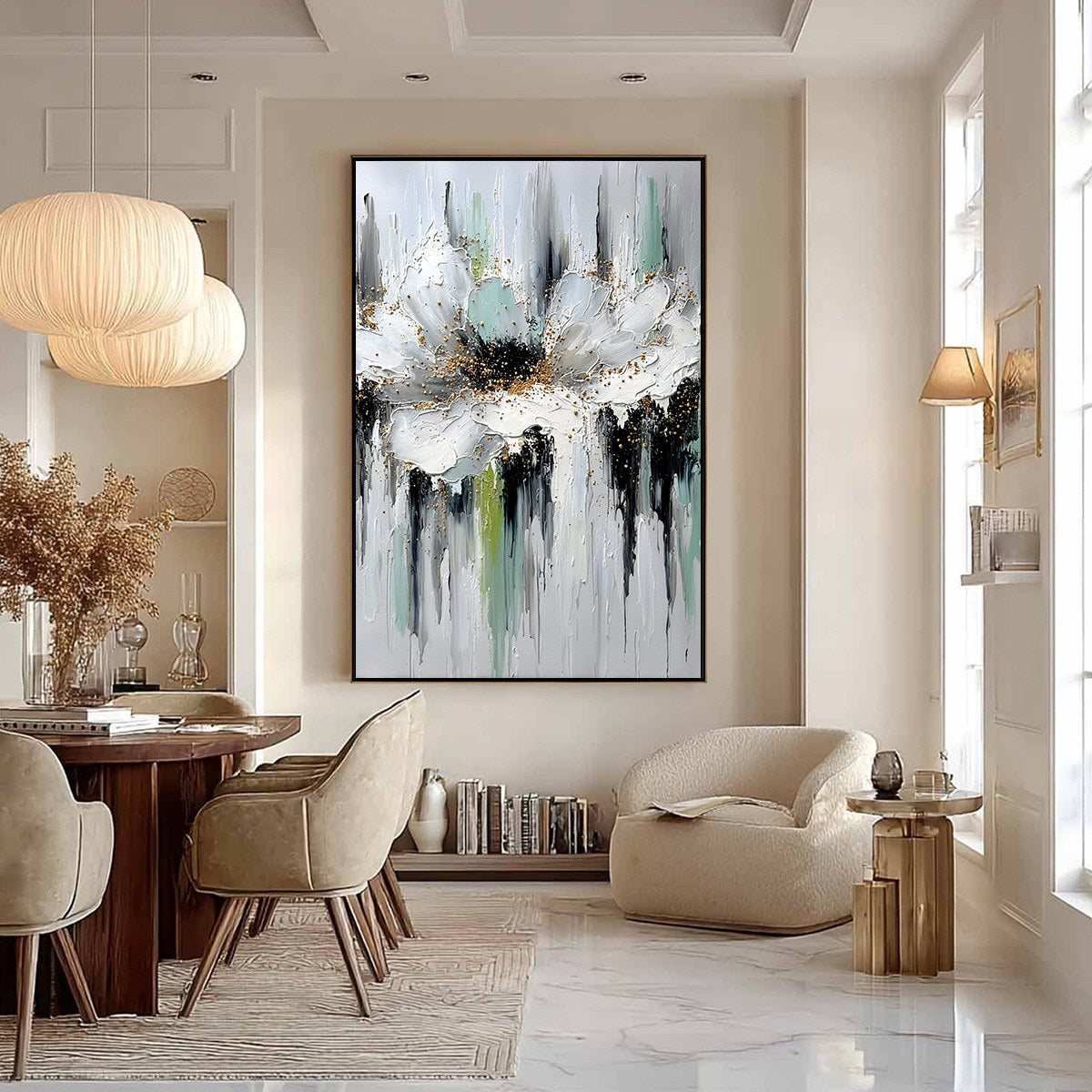 CELESTIAL BLOOM: Heavily Textured Abstract Floral Painting with Golden Accents - Image 6
