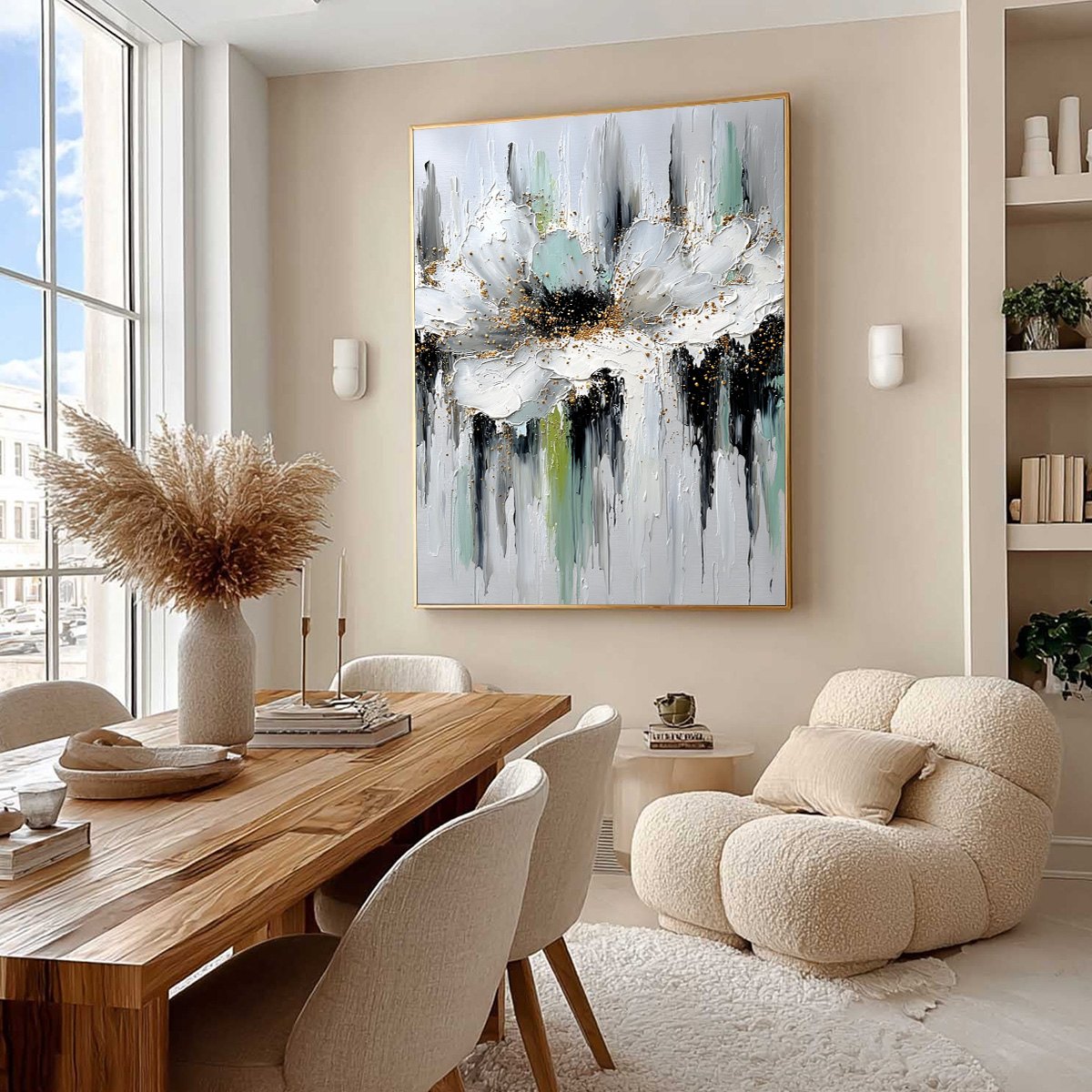 CELESTIAL BLOOM: Heavily Textured Abstract Floral Painting with Golden Accents - Image 7