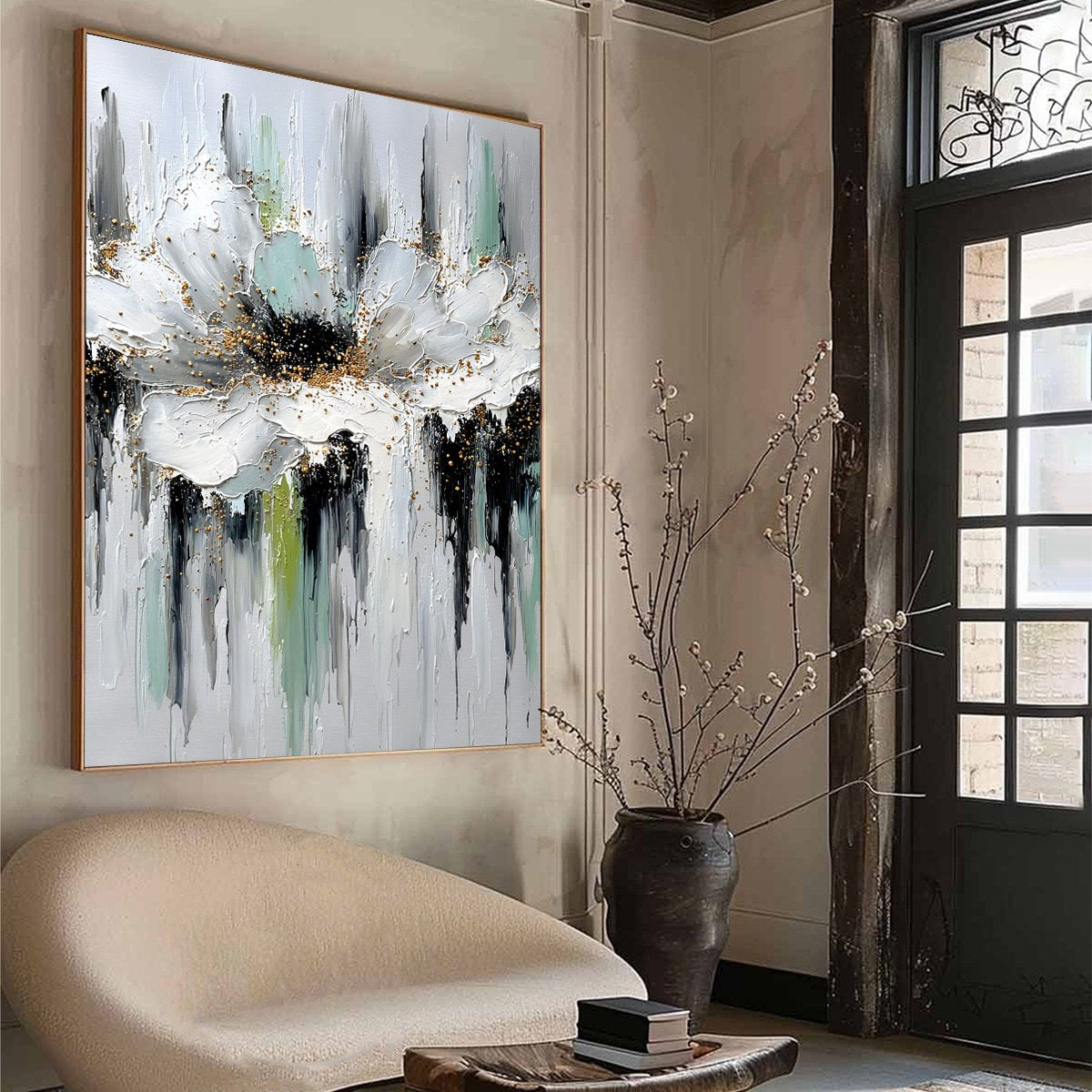 CELESTIAL BLOOM: Heavily Textured Abstract Floral Painting with Golden Accents - Image 8