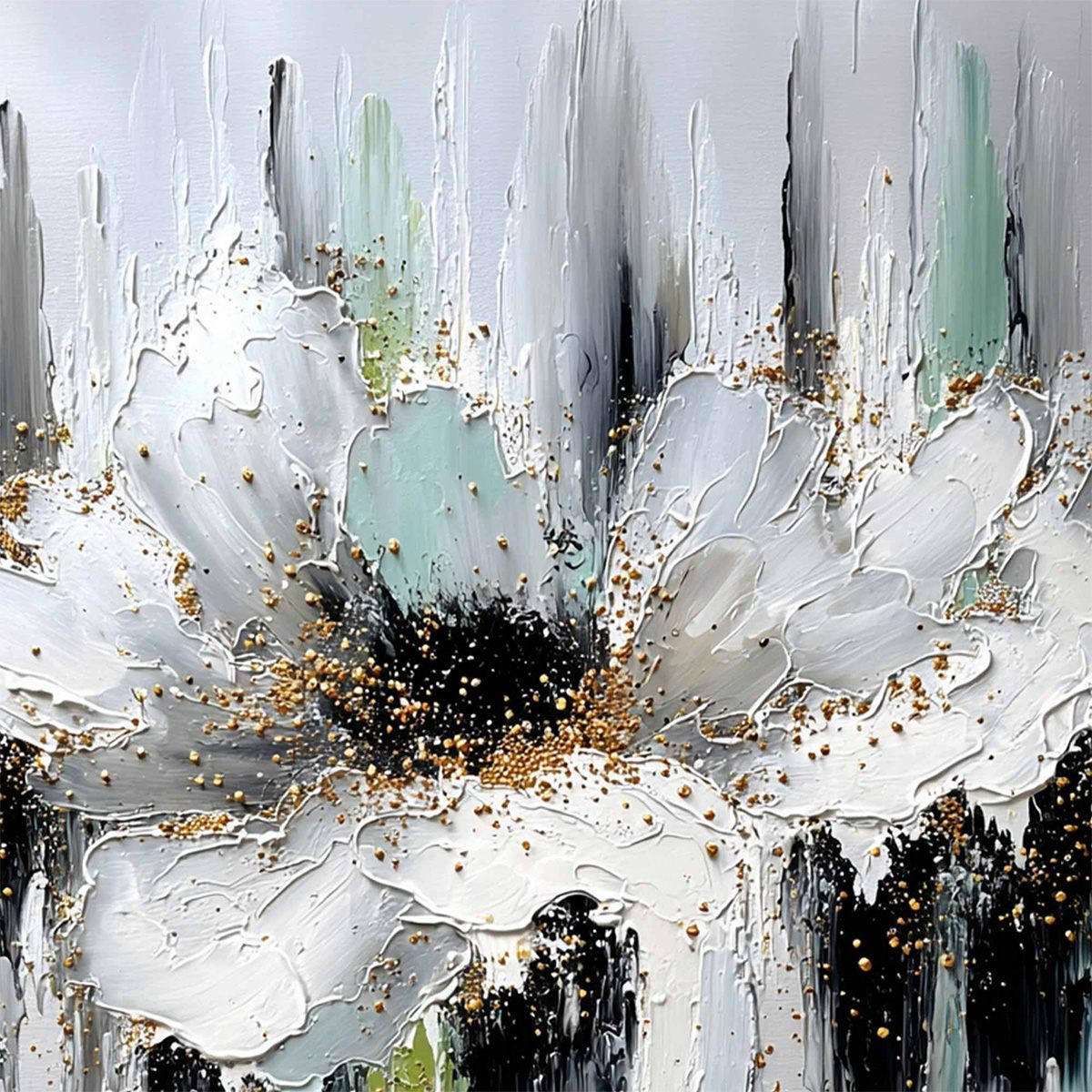CELESTIAL BLOOM: Heavily Textured Abstract Floral Painting with Golden Accents - Image 3