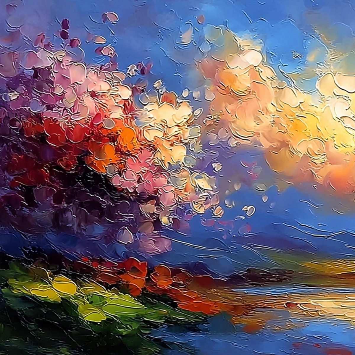 CELESTIAL BLOOM: Textured Abstract Floral Landscape Oil Painting - Image 3