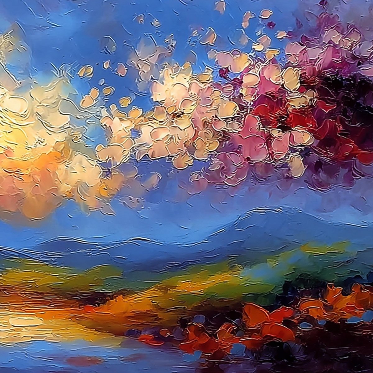 CELESTIAL BLOOM: Textured Abstract Floral Landscape Oil Painting - Image 5