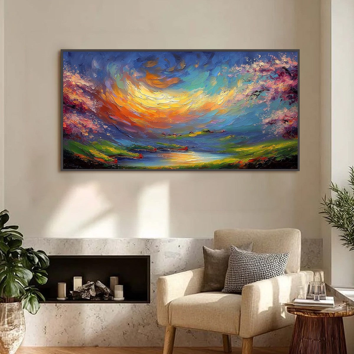 CELESTIAL EMBRACE: Heavily Textured Impasto Landscape Painting of a Vibrant Sunset - Image 2