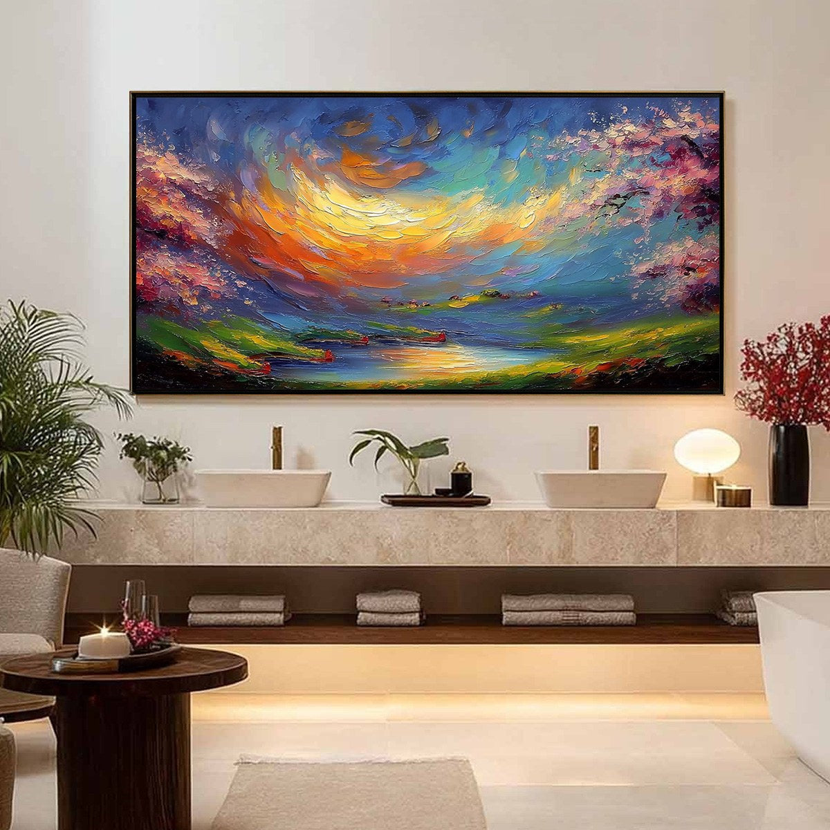 CELESTIAL EMBRACE: Heavily Textured Impasto Landscape Painting of a Vibrant Sunset - Image 4