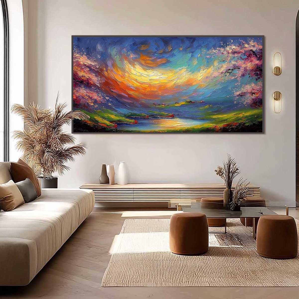 CELESTIAL EMBRACE: Heavily Textured Impasto Landscape Painting of a Vibrant Sunset - Image 6