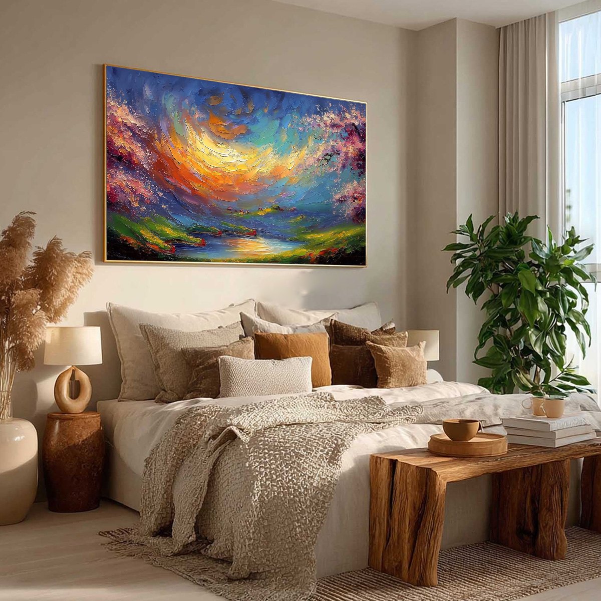 CELESTIAL EMBRACE: Heavily Textured Impasto Landscape Painting of a Vibrant Sunset - Image 8