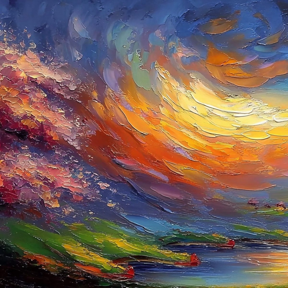 CELESTIAL EMBRACE: Heavily Textured Impasto Landscape Painting of a Vibrant Sunset - Image 3