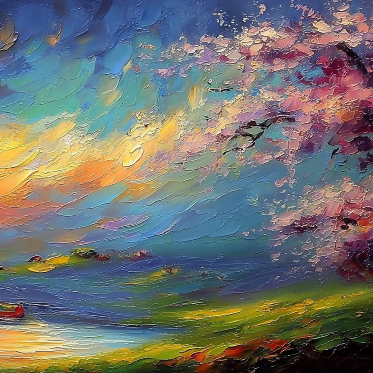 CELESTIAL EMBRACE: Heavily Textured Impasto Landscape Painting of a Vibrant Sunset - Image 5