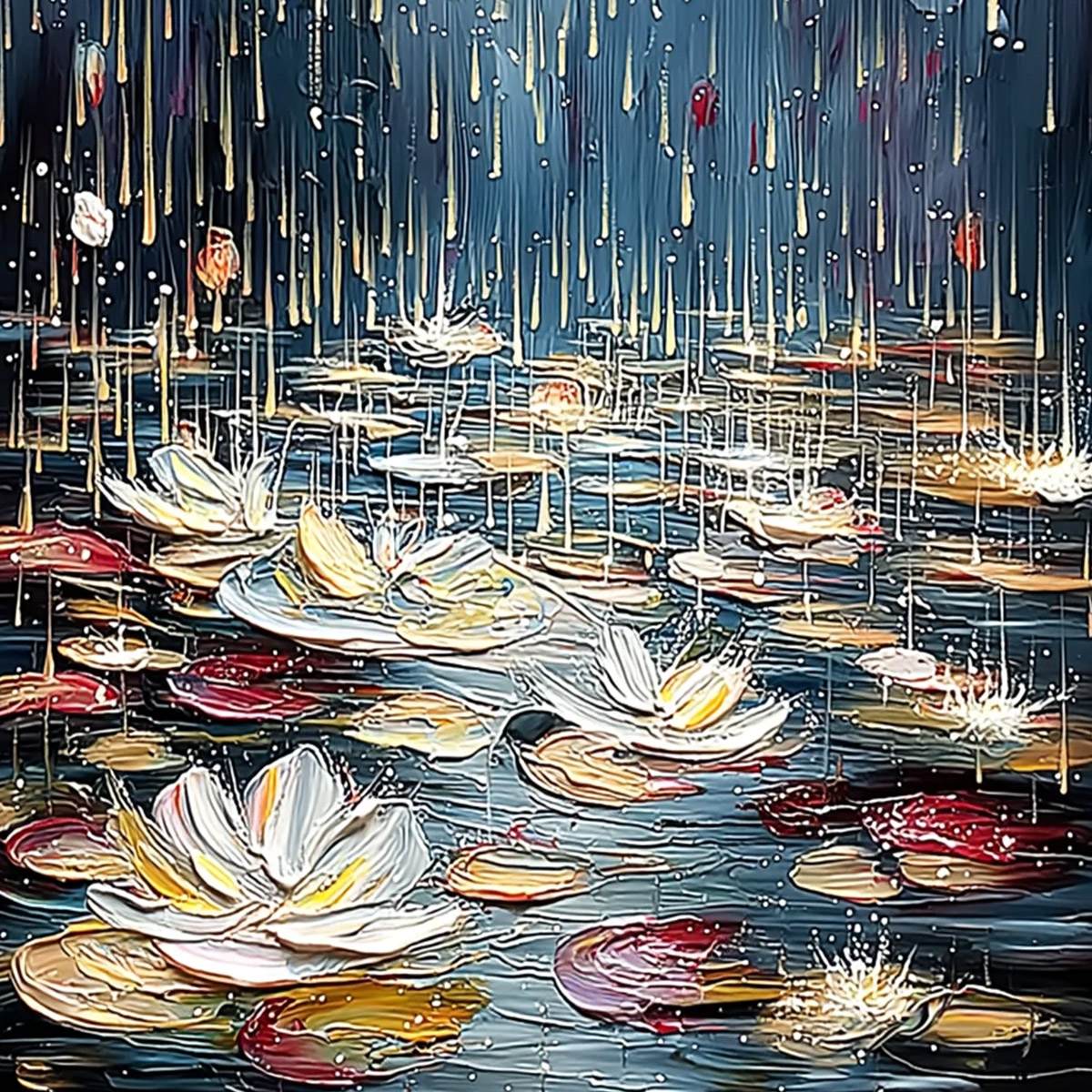 CELESTIAL POND: Textured Impasto Painting of Luminous Water Lilies - Image 5