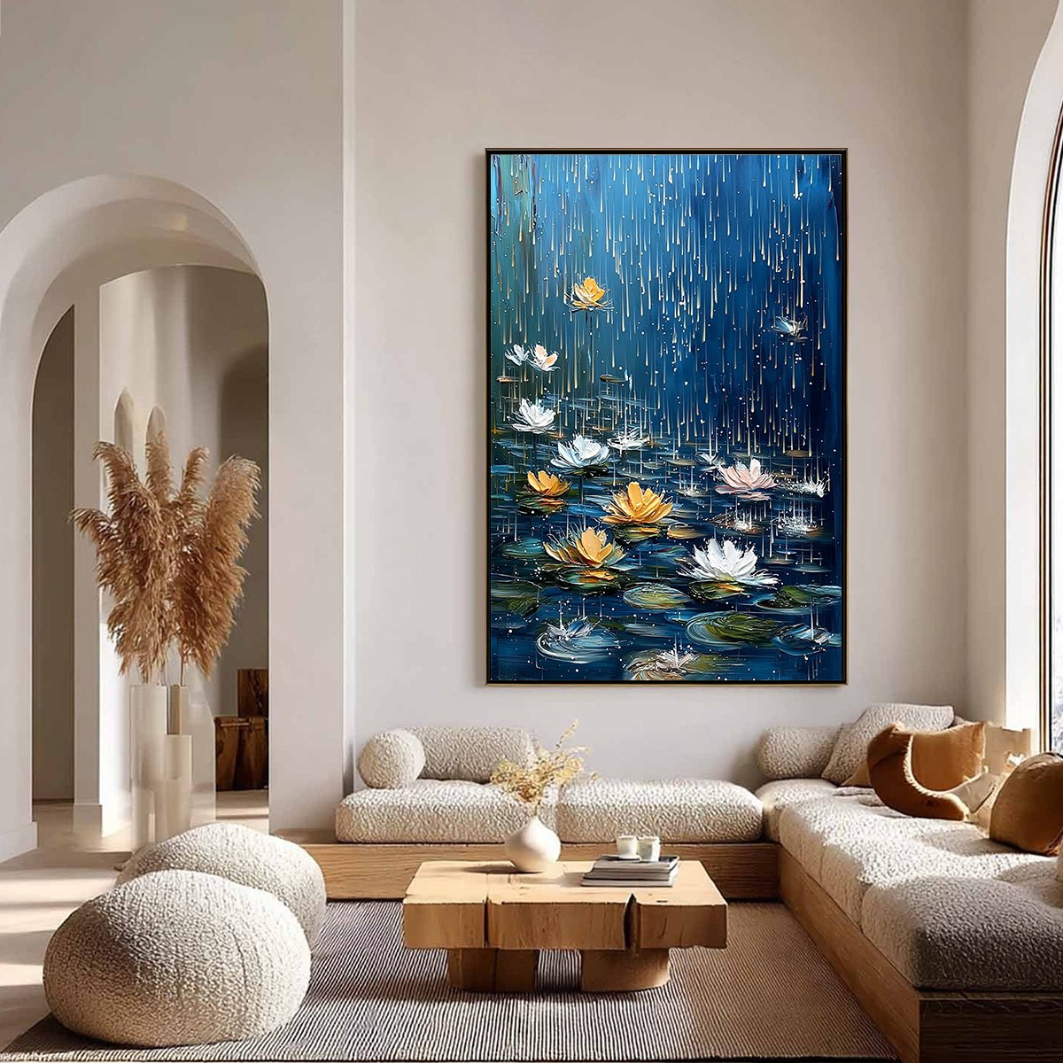 CELESTIAL RAIN: Textured Impasto Painting of Water Lilies in Rain - Image 4
