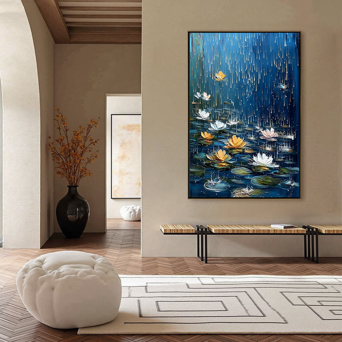CELESTIAL RAIN: Textured Impasto Painting of Water Lilies in Rain - Image 6