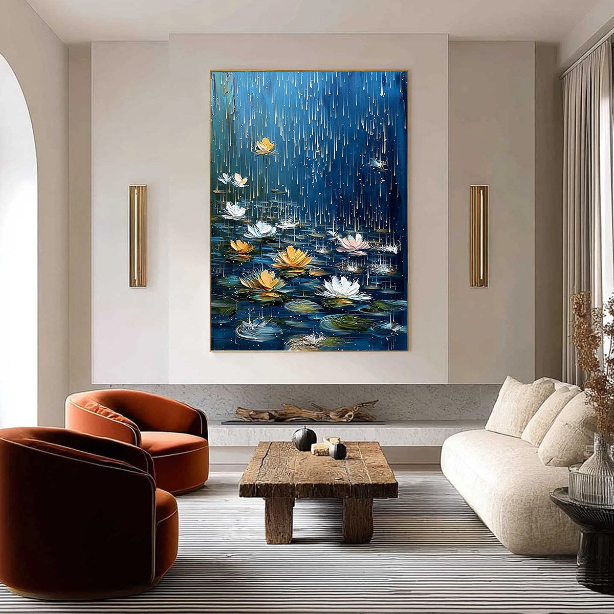 CELESTIAL RAIN: Textured Impasto Painting of Water Lilies in Rain - Image 2